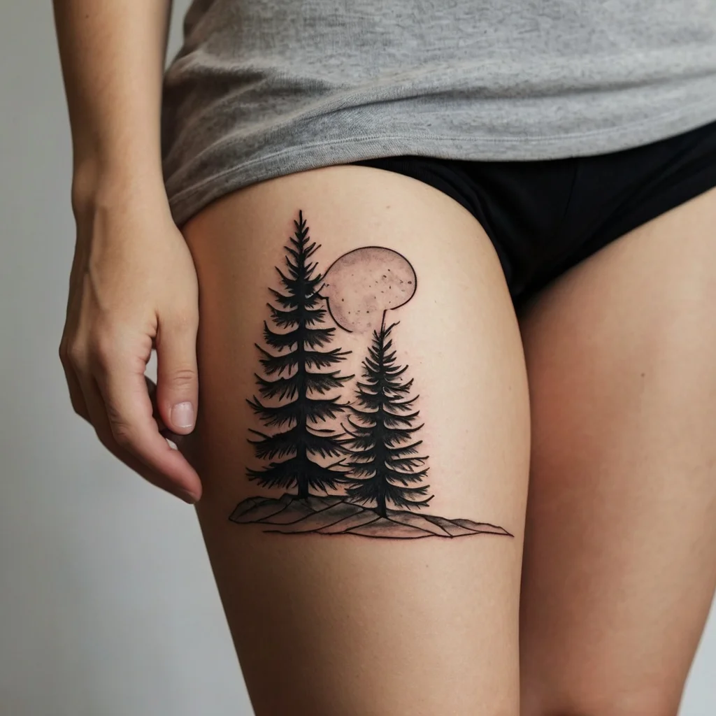 Tattoo of silhouetted pine trees with a dotted sun or moon, set against a minimal landscape on the thigh.