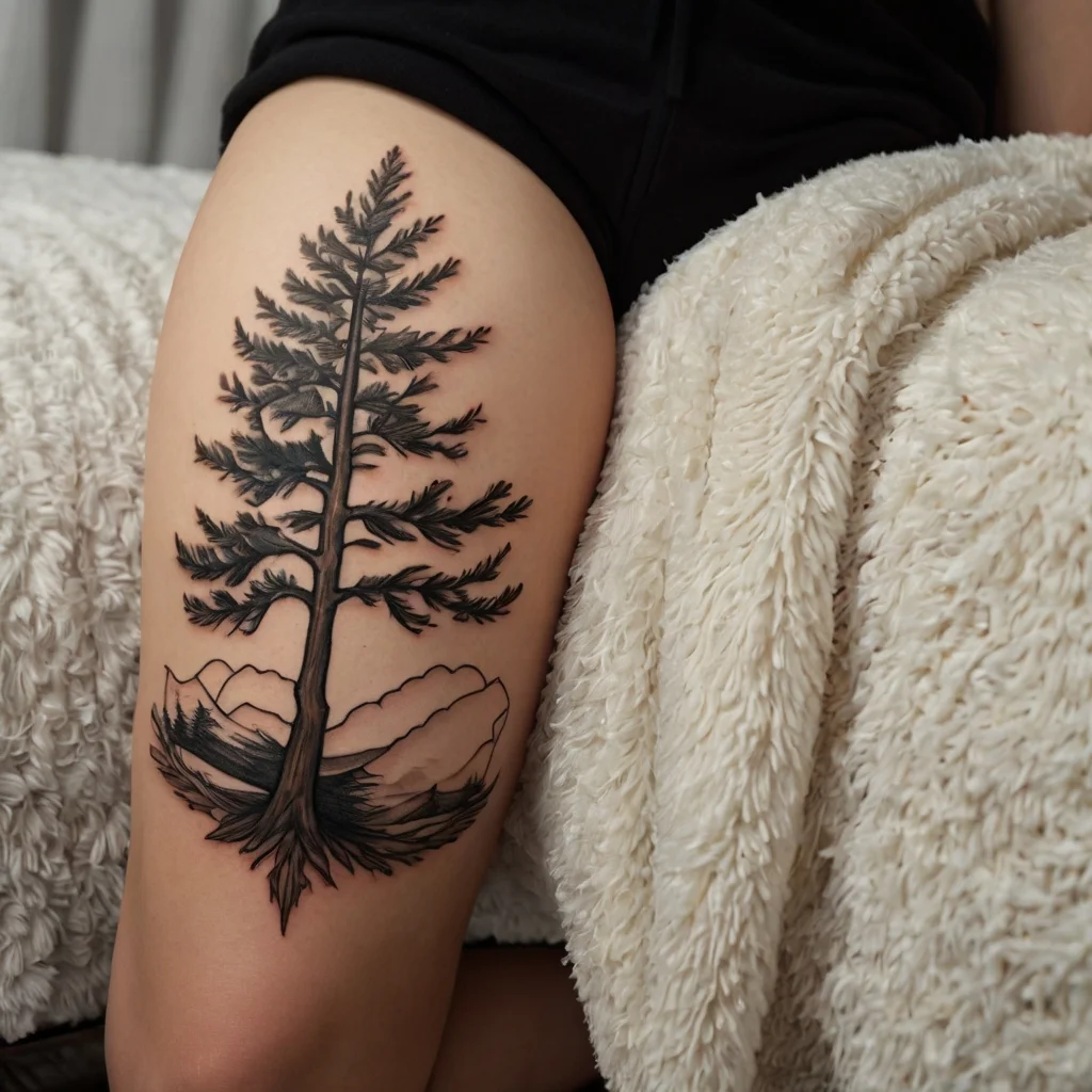 Tattoo of a detailed pine tree with roots, set against a backdrop of mountains, symbolizing nature and grounding.