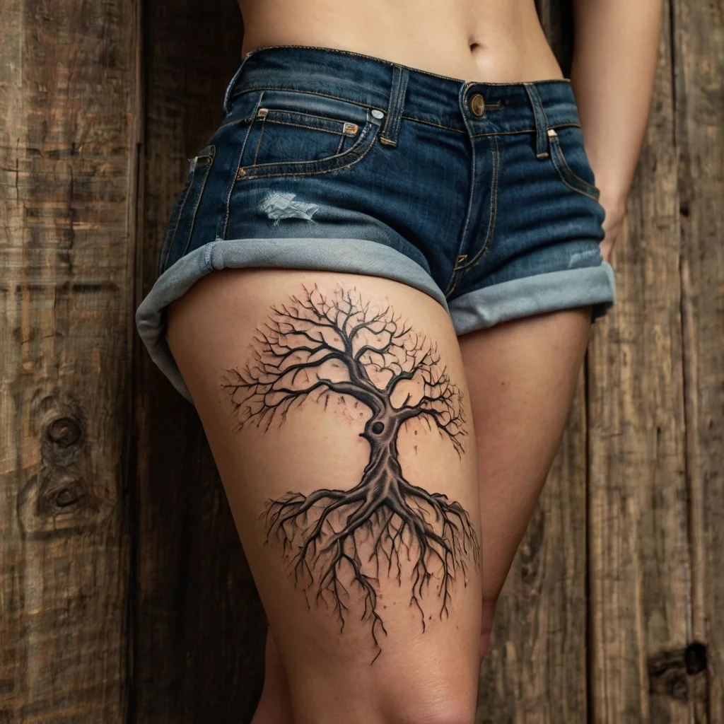 Tattoo of a tree on the thigh, with intricate bare branches and roots, symbolizing strength and growth.