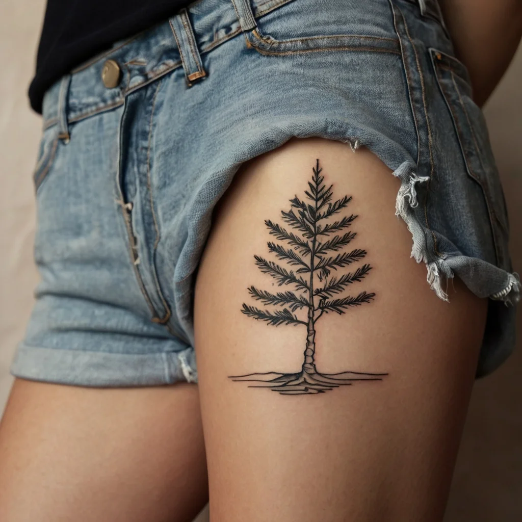 Tattoo of a detailed pine tree with roots extending across the thigh, symbolizing resilience and connection to nature.