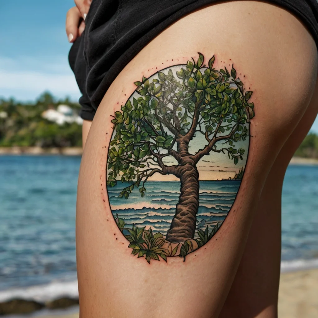 Colorful tattoo of a tree by the ocean with vibrant leaves, a sturdy trunk, and waves, framed in an oval shape.