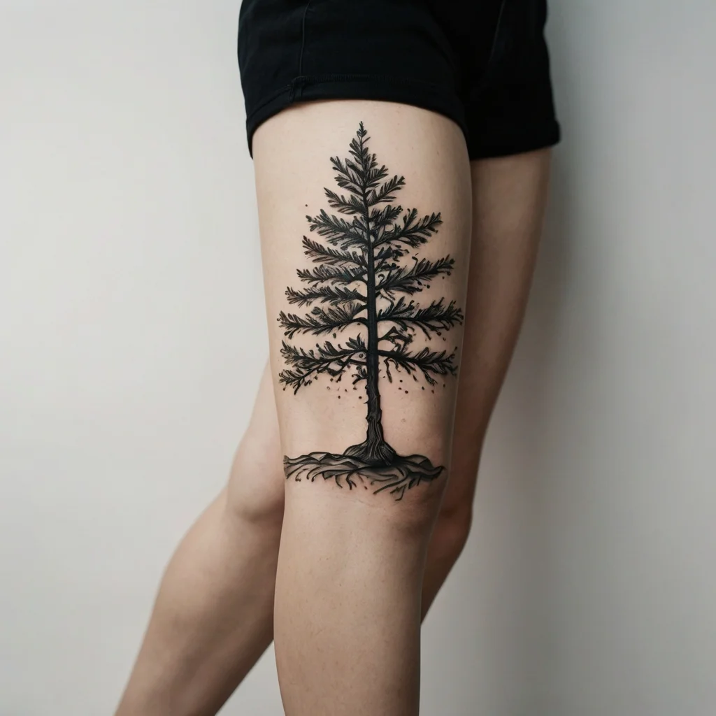 Tattoo of a detailed pine tree on the thigh, with intricate branches and roots, symbolizing strength and grounding.