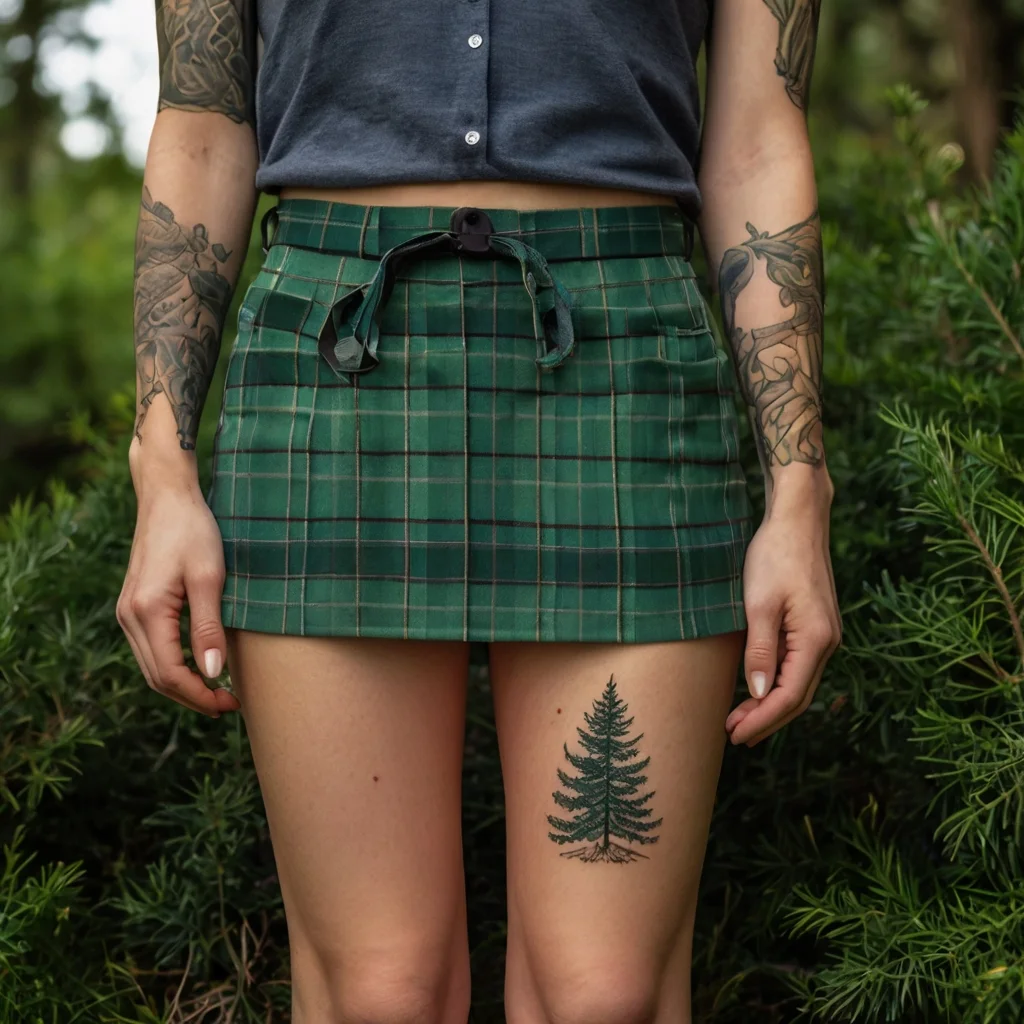 Tattoo of a pine tree on the thigh with intricate foliage designs on the arms, blending nature themes.