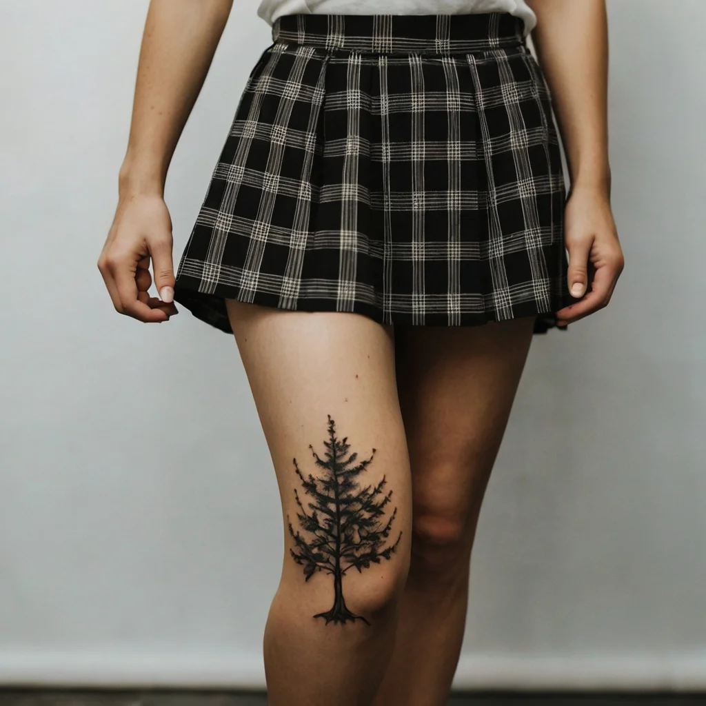 Tattoo design of a detailed black tree with sprawling branches on the thigh, symbolizing strength and growth.