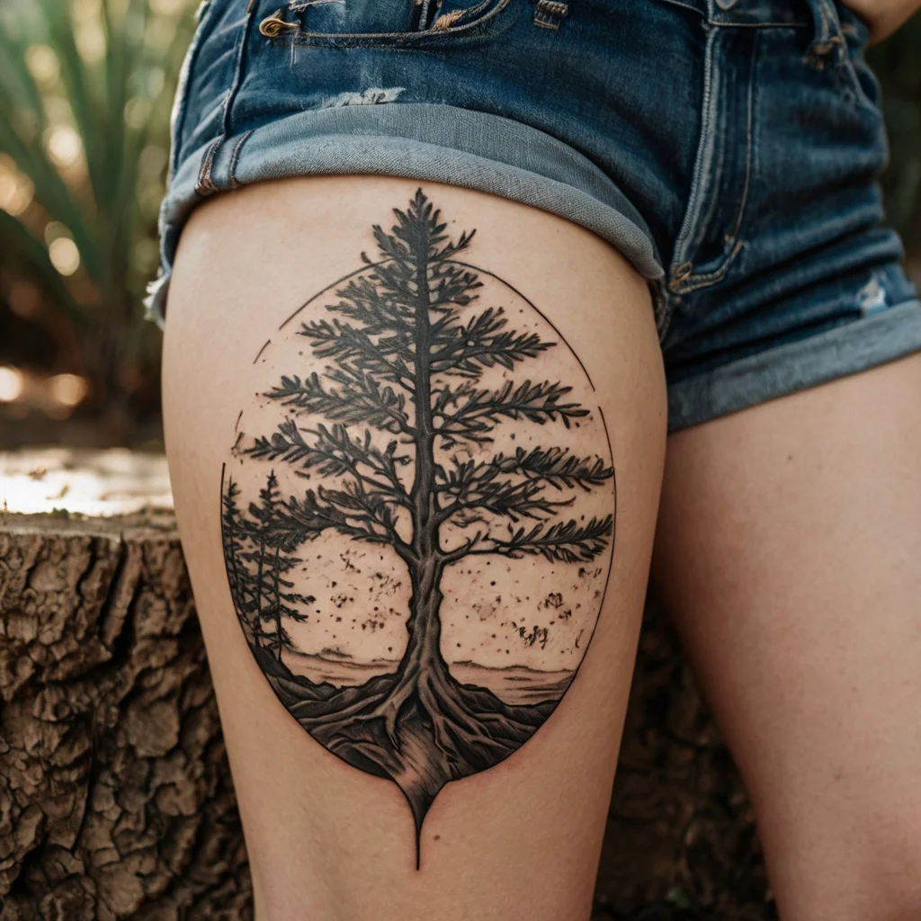 Tattoo of a detailed pine tree with roots in a leaf shape, symbolizing nature and growth, on a person's thigh.