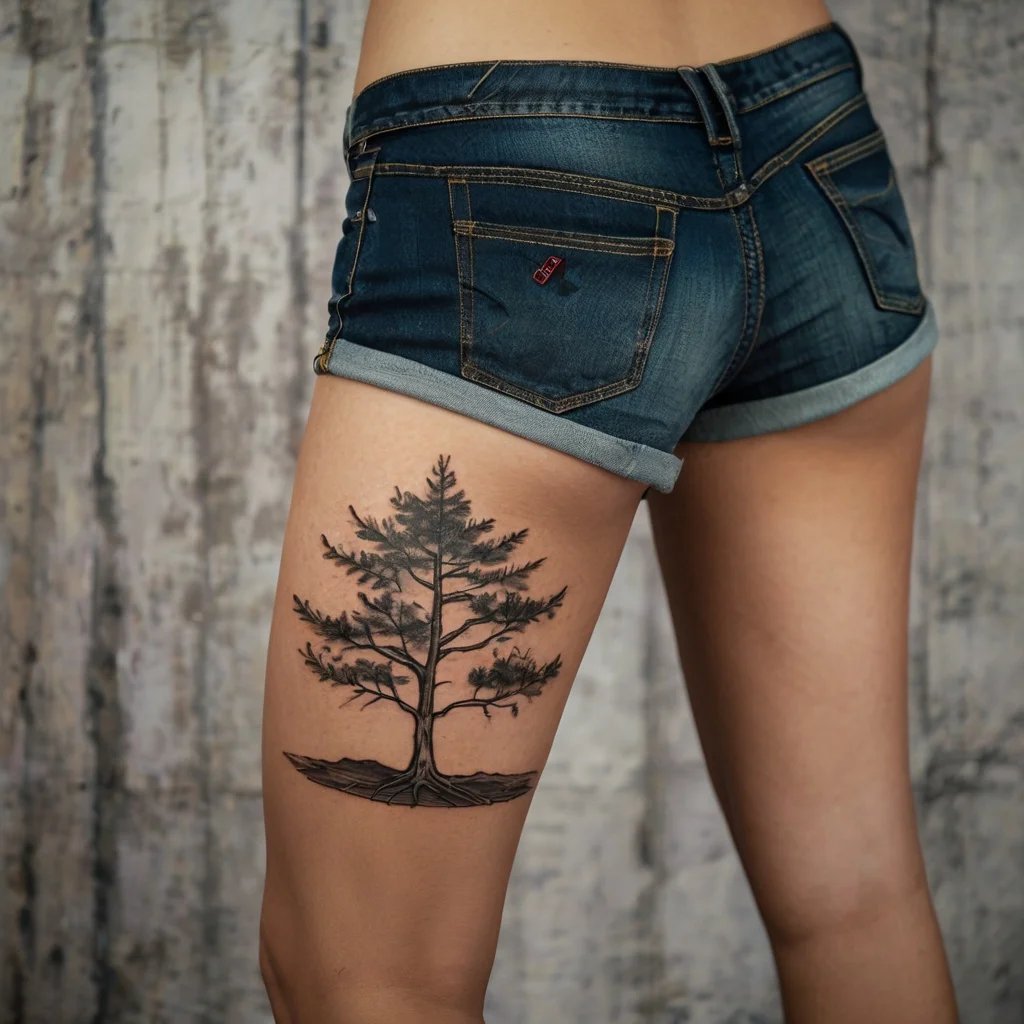 A detailed black ink tree tattoo with expansive branches and visible roots, placed on the upper thigh.