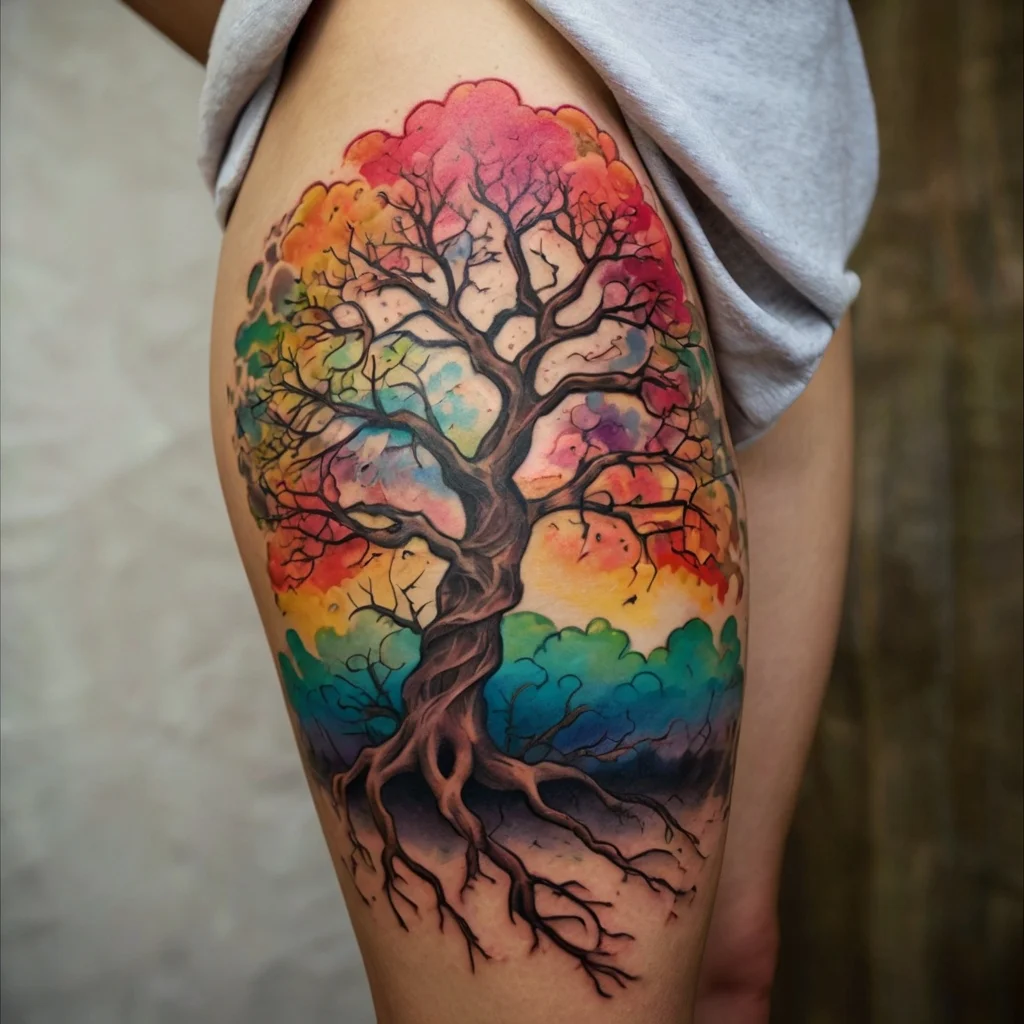 Colorful tree tattoo with intricate branches and roots; vibrant watercolor style blending rainbow hues on the thigh.