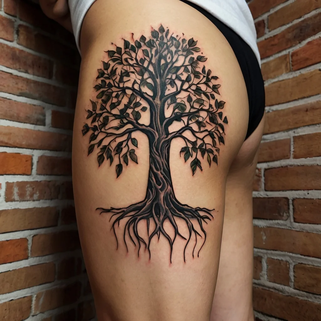 Tattoo of a vibrant tree on the thigh, featuring detailed roots and branches, symbolizing growth and connection.