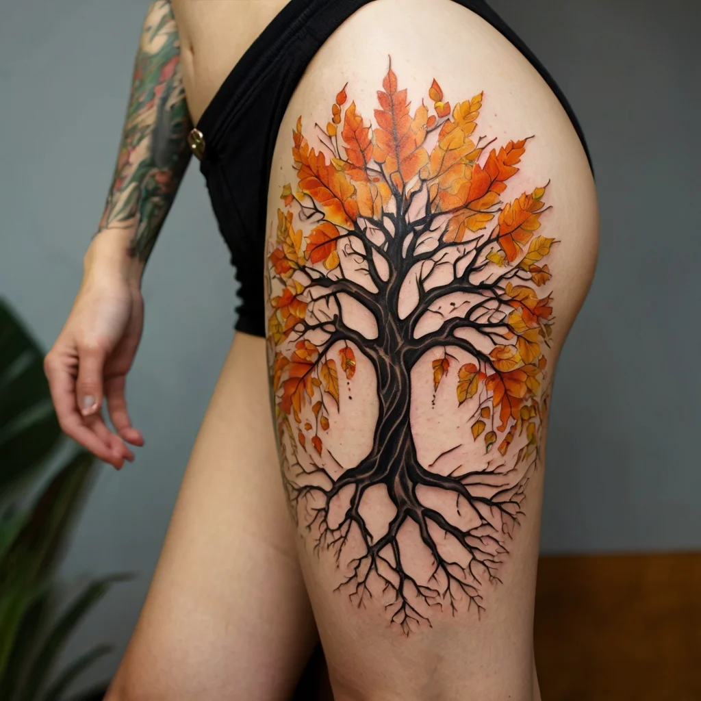 Tattoo of a vibrant tree with orange autumn leaves and intricate roots, covering the thigh, symbolizing growth and change.