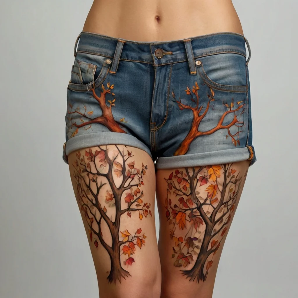 Tattoo of autumn trees on thighs, branches extending onto denim shorts, creating an illusion of growth and vibrancy.