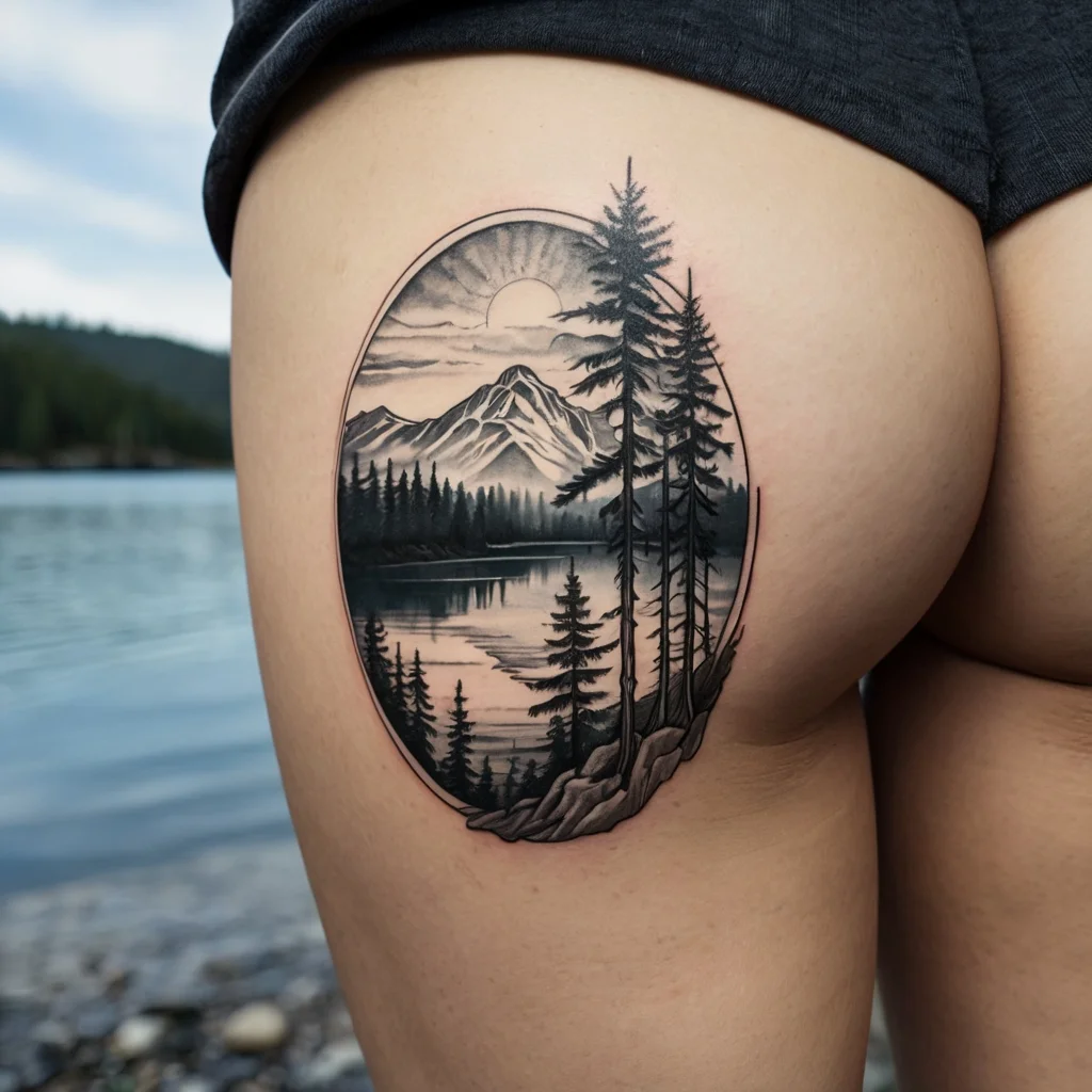 Detailed mountain and forest landscape tattoo with a serene lake, encased in an oval frame, on the upper thigh.