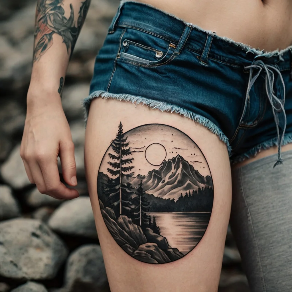 Circular tattoo of mountains, trees, and a lake under a full moon in grayscale on the thigh.