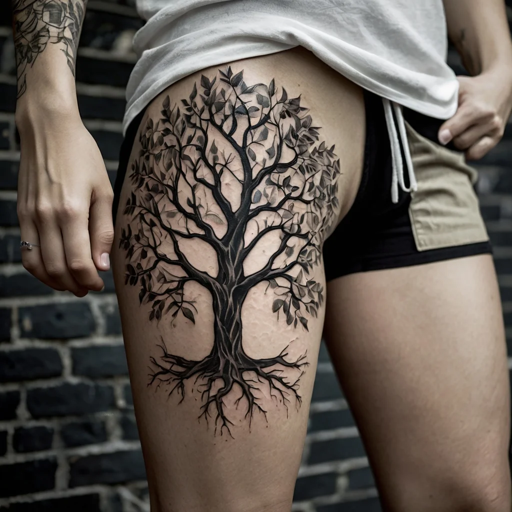 Thigh tattoo of a detailed tree with intricate branches and roots, symbolizing growth and grounding.