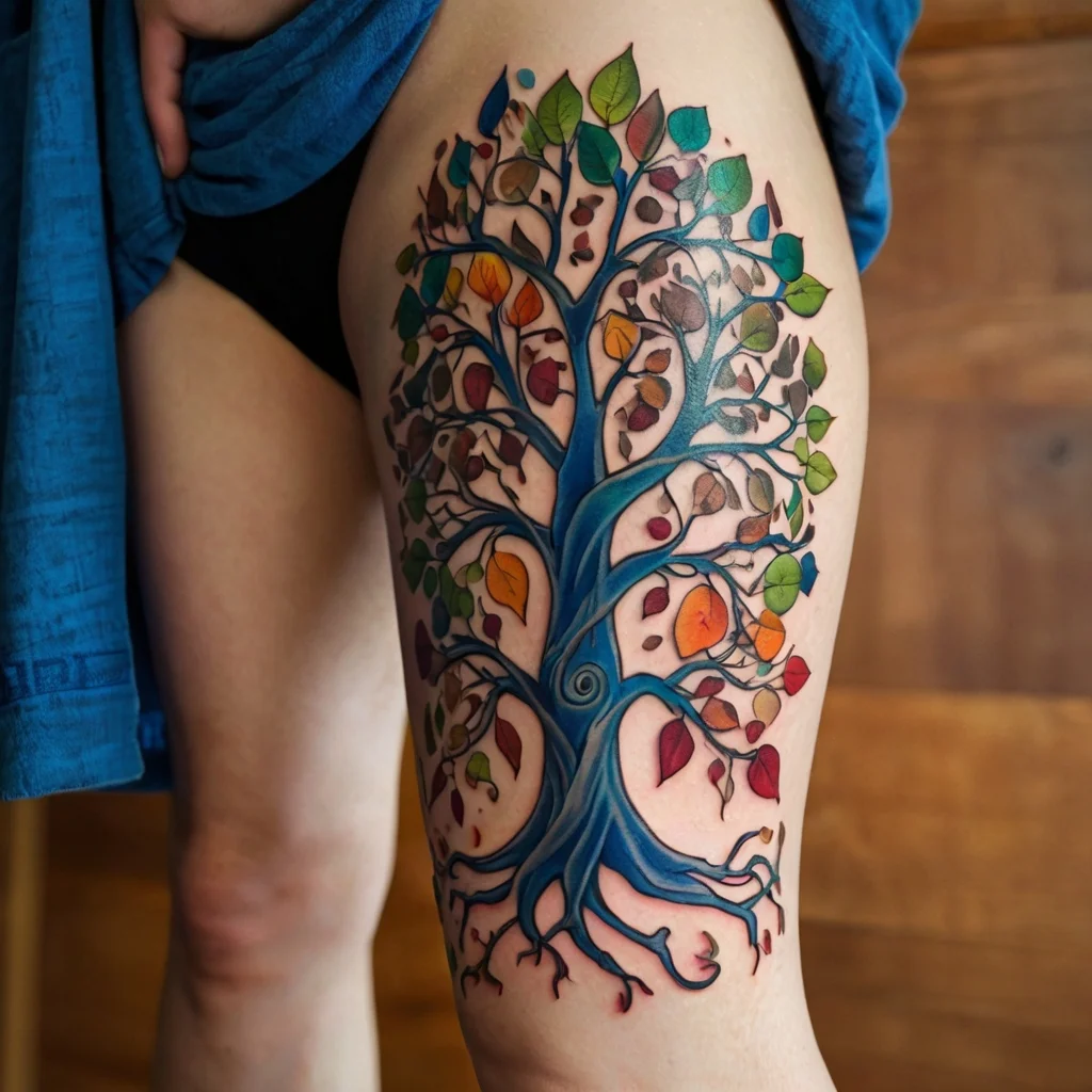 Colorful tree tattoo with swirling blue trunk and multicolored leaves, symbolizing growth and transformation.