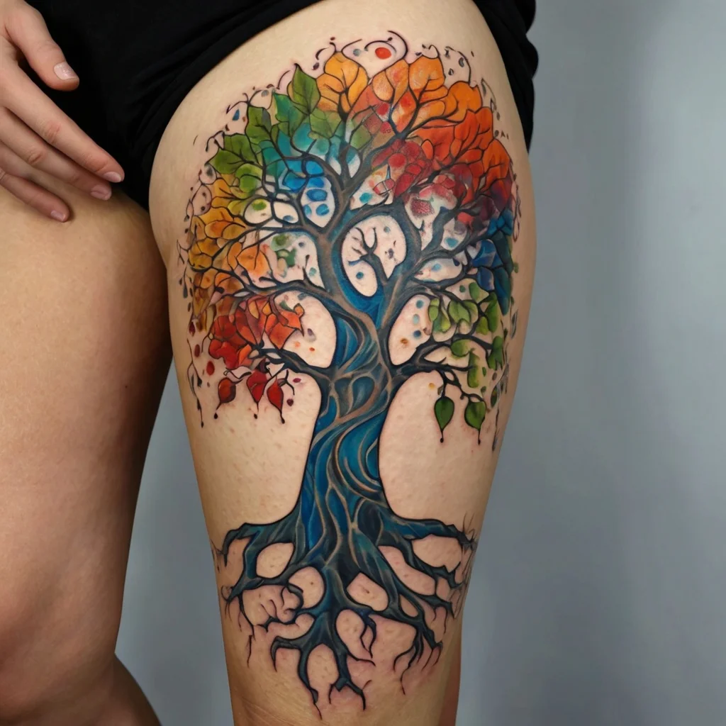 Colorful tree tattoo with rainbow leaves and intricate roots on thigh, symbolizing life and diversity.