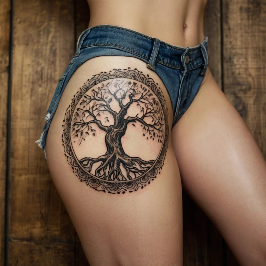 Intricate tree of life tattoo with roots and branches encircled by ornate patterns on the thigh.