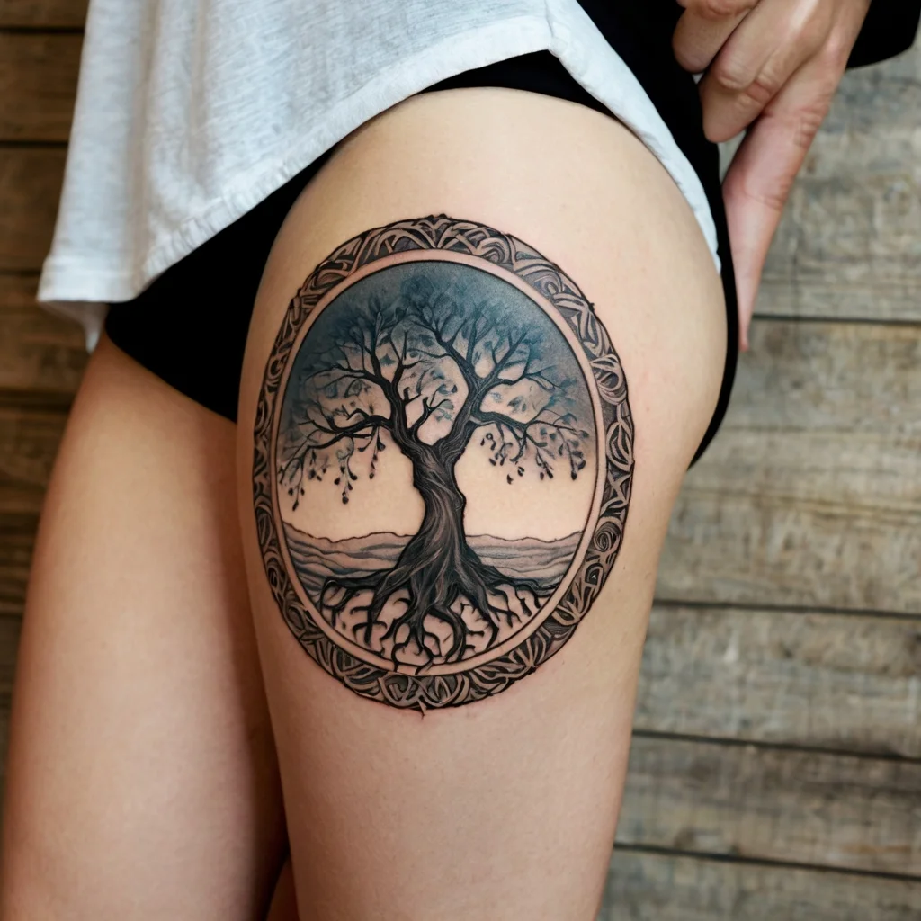 Intricate tree of life tattoo with celtic border, depicting roots and branches, symbolizing growth and connection.