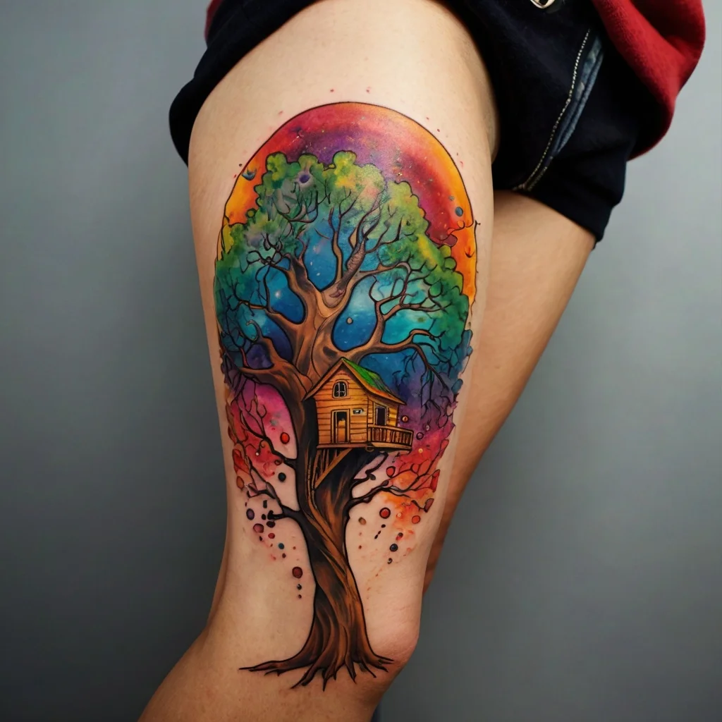 A colorful tattoo of a treehouse on a vibrant tree with swirling rainbow sky on the thigh, blending realism and fantasy.