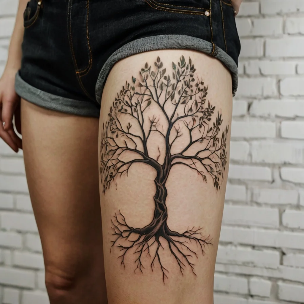 Tattoo of an intricate tree with branches and roots on the thigh, showcasing balance and connection to nature.