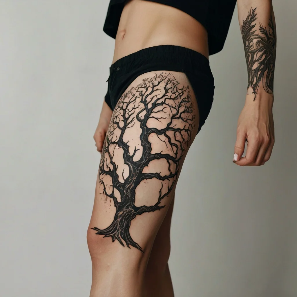 Intricate black tree tattoo on thigh with detailed branches extending to form a natural, flowing design.