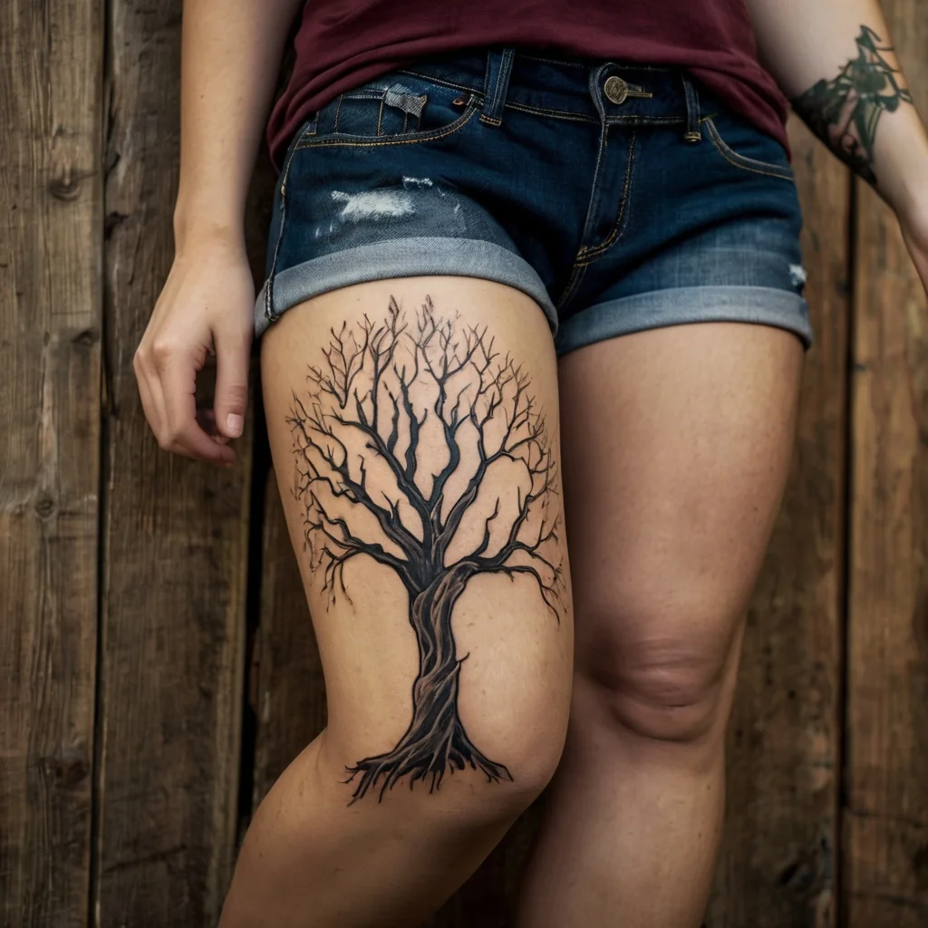 Thigh tattoo of a leafless tree with intricate branches and detailed roots, symbolizing strength and resilience.