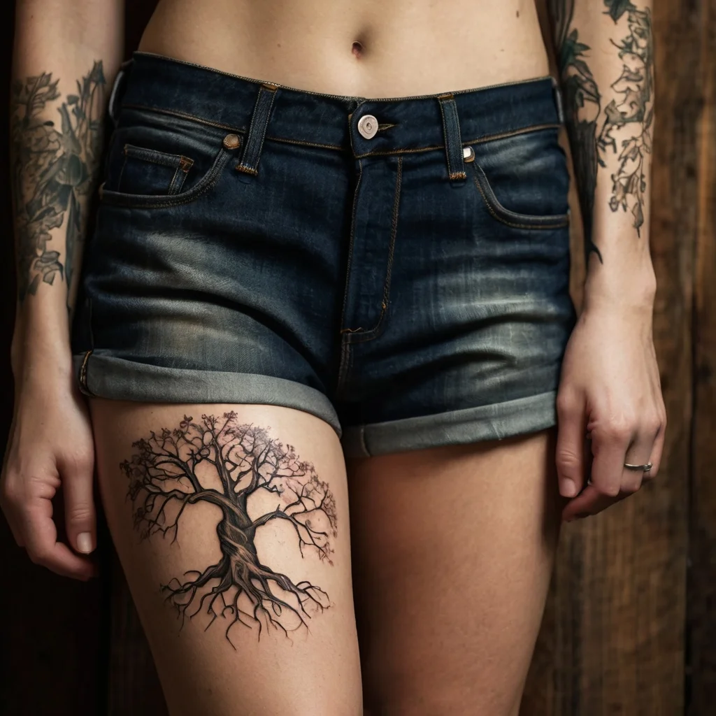 Thigh tattoo of a detailed tree with twisted trunk, sprawling branches, and visible roots, symbolizing strength and growth.