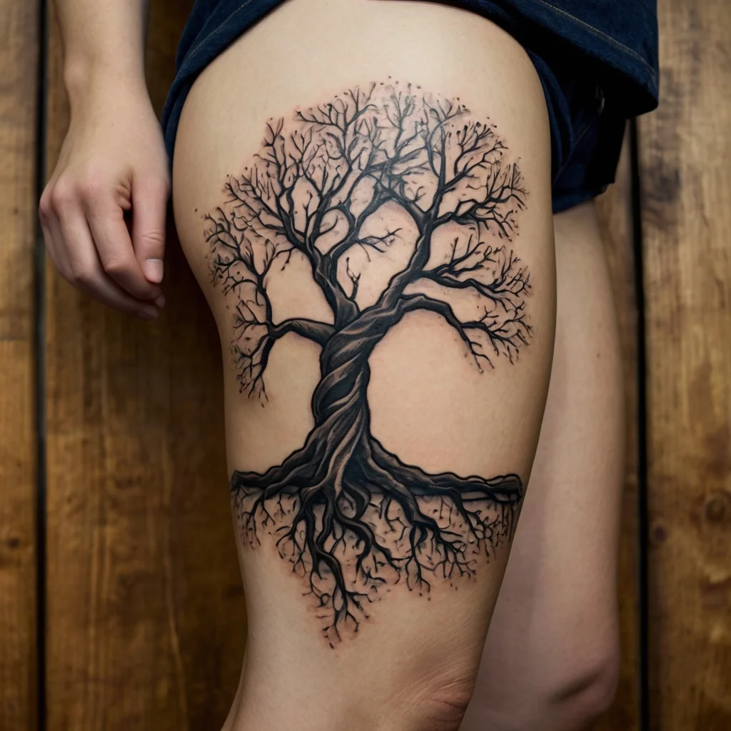 Tattoo of a twisted tree with bare branches and detailed roots on the thigh, symbolizing growth and resilience.