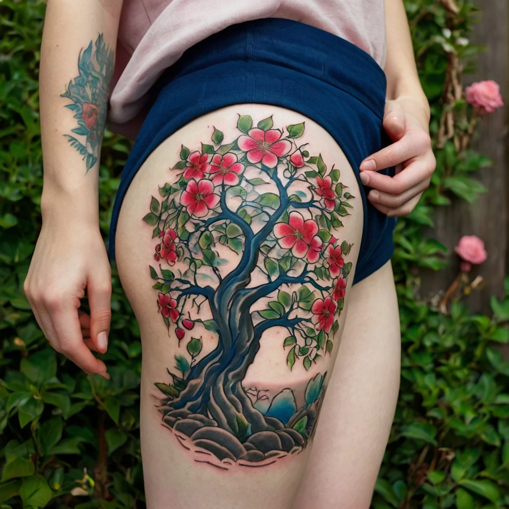 Thigh tattoo of a vibrant cherry blossom tree, with pink flowers, green leaves, and sprawling roots over a rocky base.