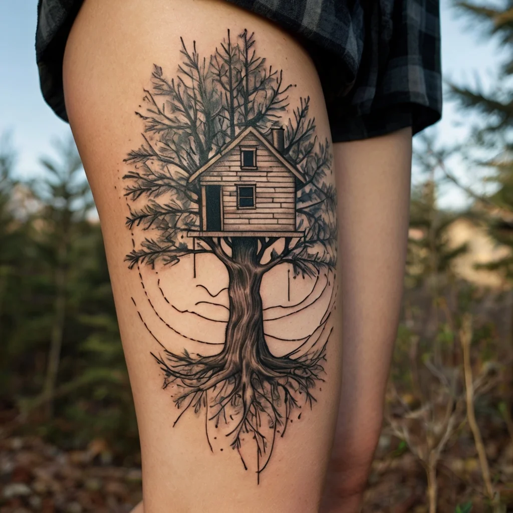 Tattoo of a detailed treehouse atop a tree, showcasing intricate roots and branches encircling a serene landscape.