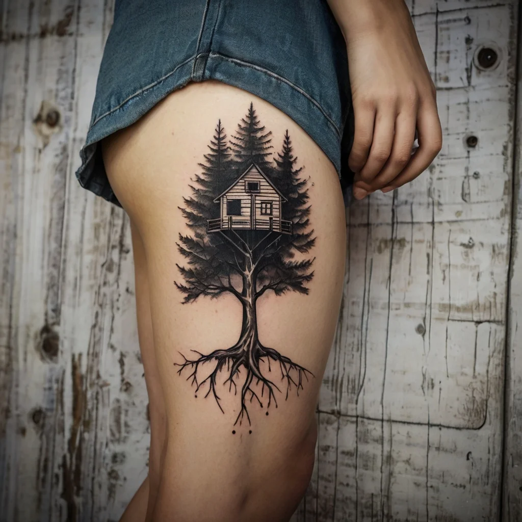 Tattoo of a tree with roots, transitioning into a cabin atop. Pine trees frame the cabin, blending rustic and nature themes.