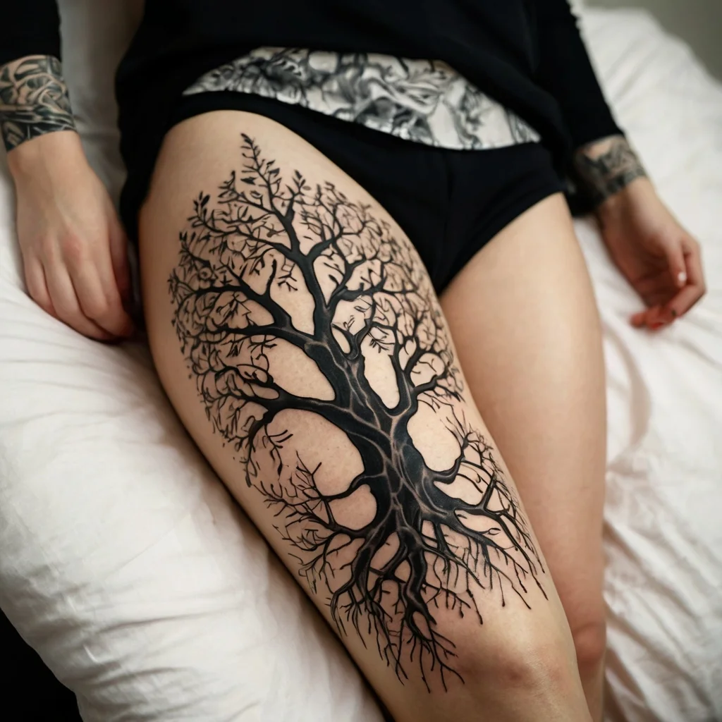 Intricate tree tattoo on thigh, featuring bold black trunk, sprawling branches, and roots symbolizing life and growth.