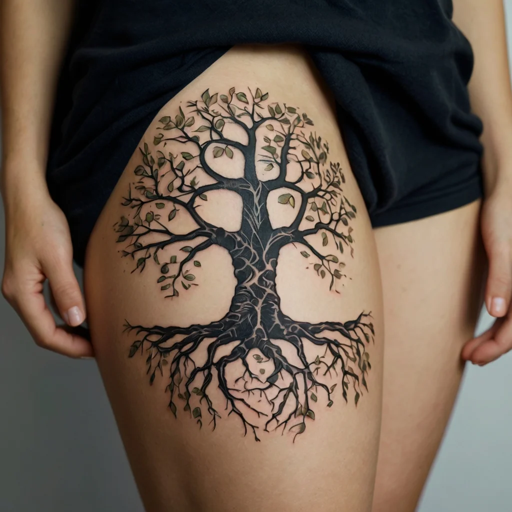 Tattoo of a detailed tree with branches and roots, symbolizing connection and growth, on the upper thigh.