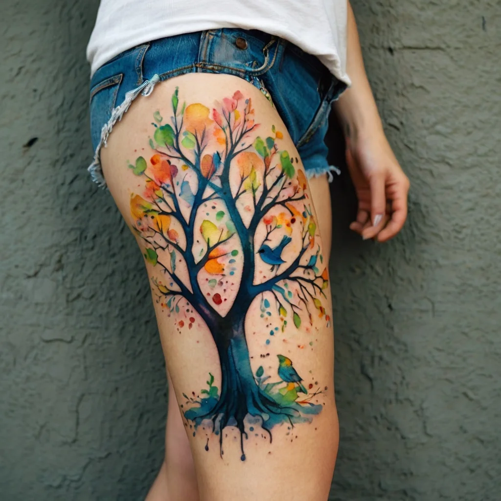 Watercolor tattoo of a vibrant tree on the thigh, featuring colorful leaves and birds, combining nature and artistry.