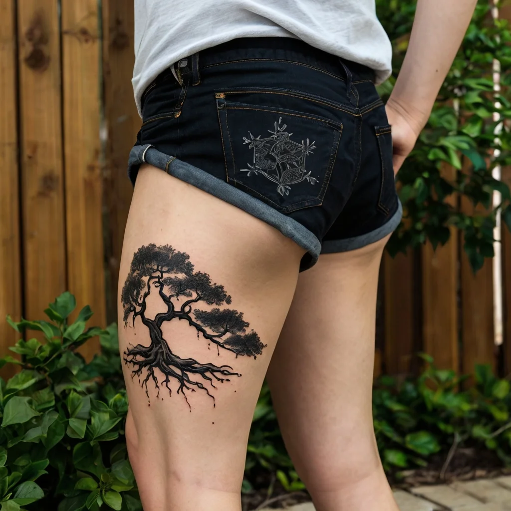 Tattoo of a black ink tree with intricate branches and deep roots on the upper thigh, symbolizing strength and growth.