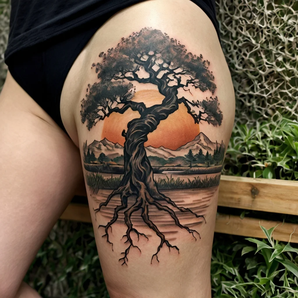 Tattoo of a tree with exposed roots, mountain landscape, and an orange sunset on the thigh, symbolizing strength and nature.