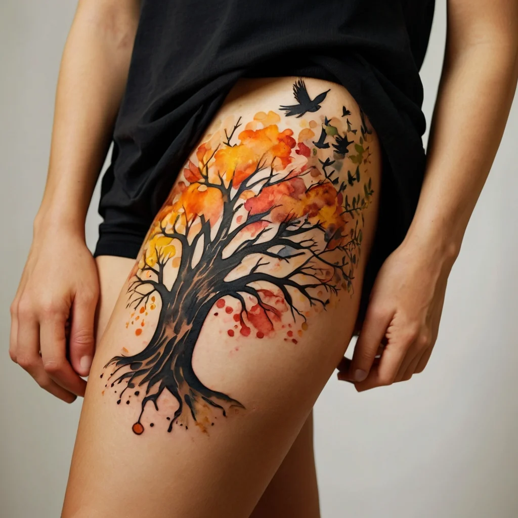 Watercolor tattoo of a tree with vibrant orange and red leaves, branches extending into birds in flight on the thigh.