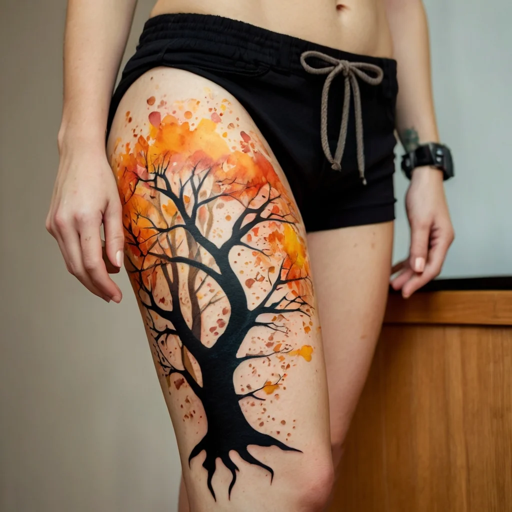 Tattoo of a tree with abstract branches in black, accented by vibrant watercolor splashes of orange and yellow.