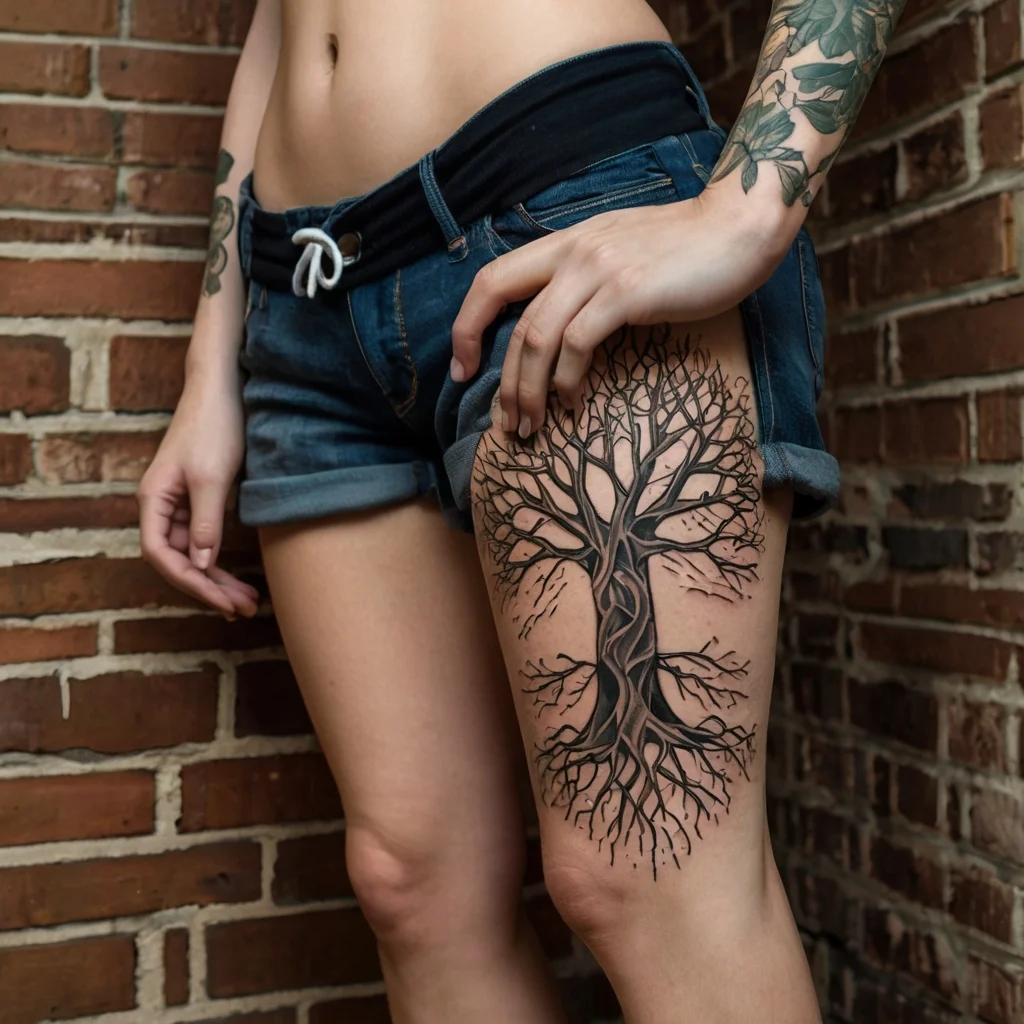 Ornate tree tattoo on thigh, featuring intricate branches and roots in a complex, detailed blackwork design.