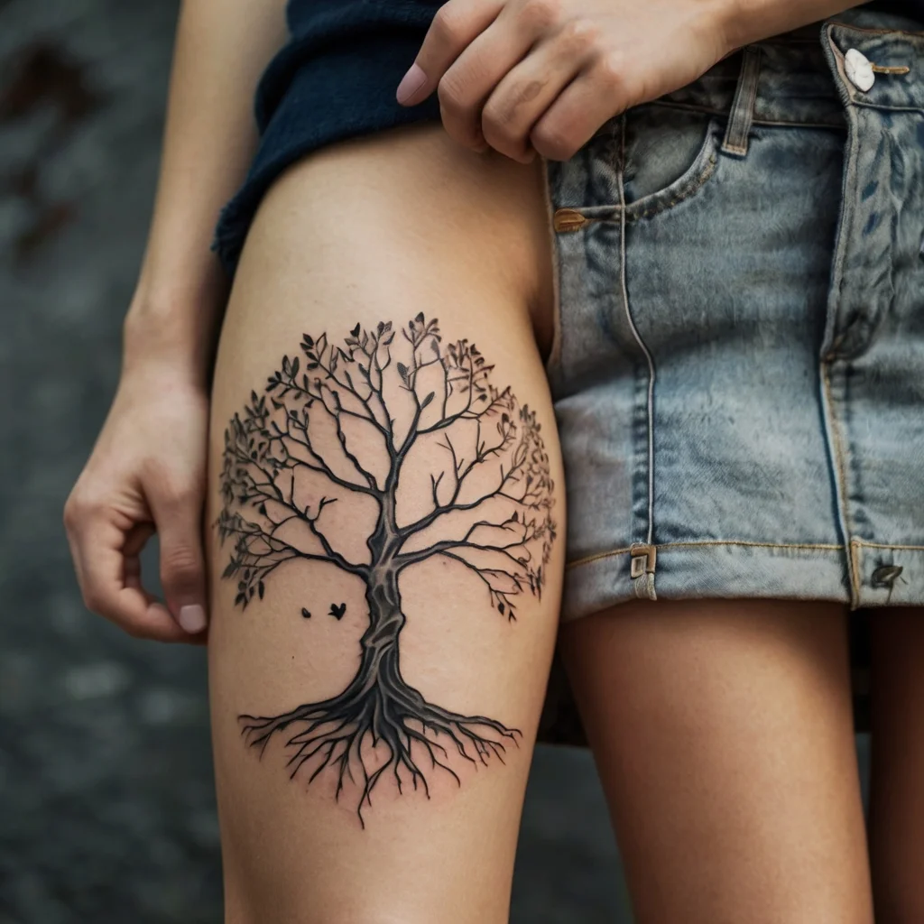 Intricate tree tattoo on thigh, with detailed branches, roots, and small birds, symbolizing growth and connection to nature.