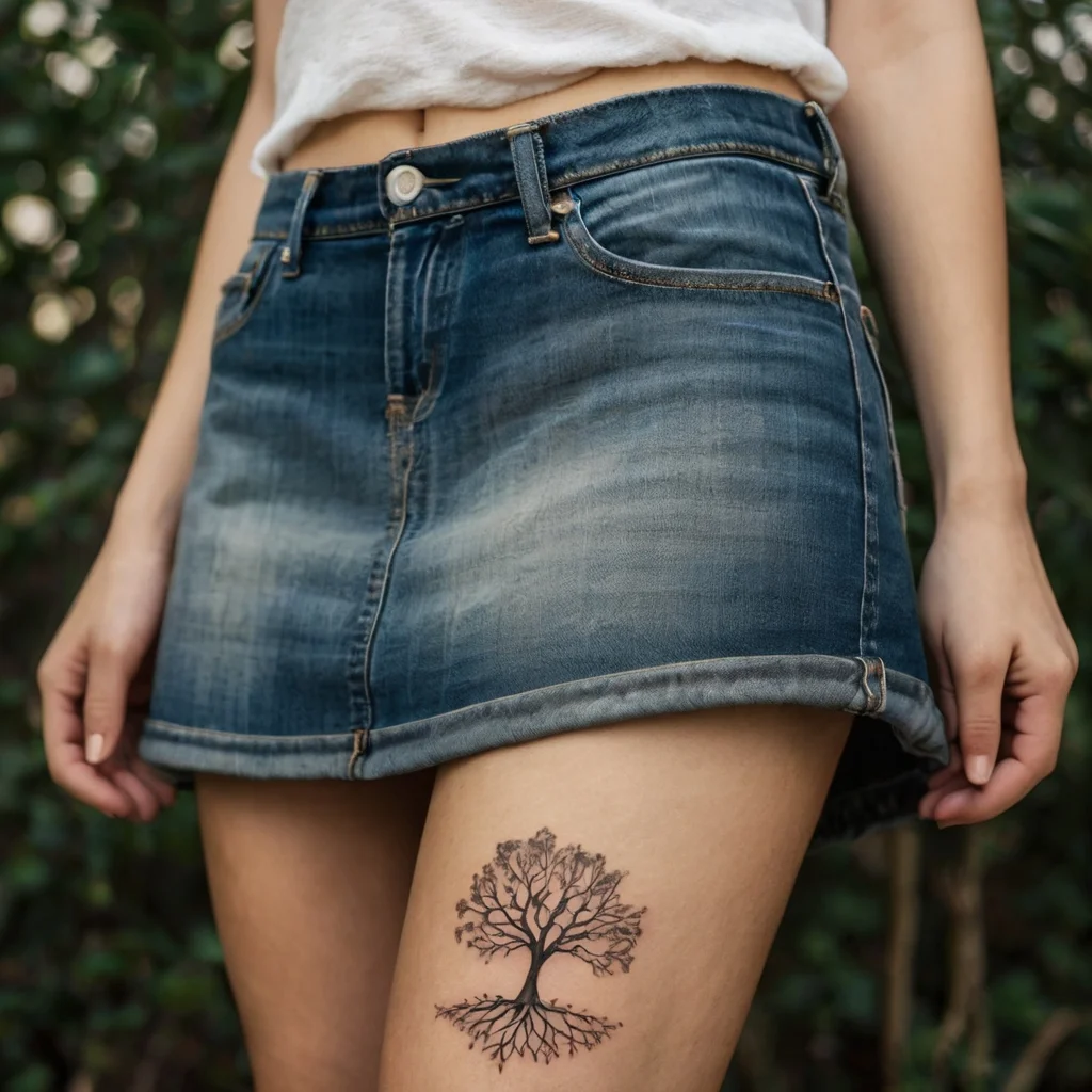 Black ink tree tattoo on thigh shows intricate branches and roots, symbolizing growth, strength, and grounding.