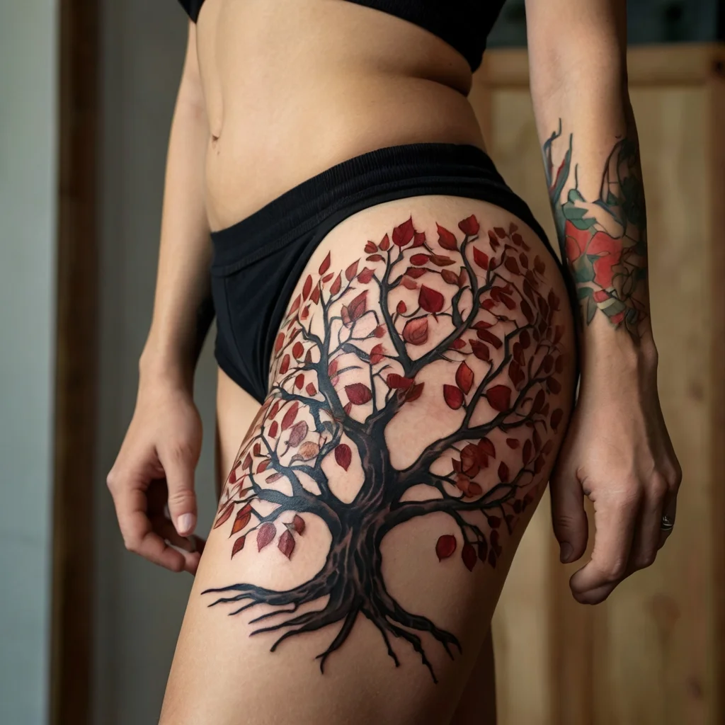 Tattoo of a tree with sprawling branches and red leaves on the thigh, symbolizing growth and strength.