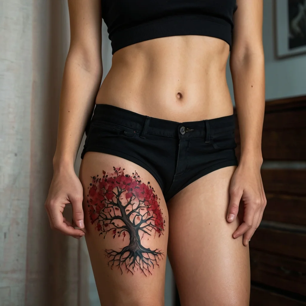 Tattoo of an elegant tree with red leaves and intricate roots on the upper thigh, symbolizing strength and growth.