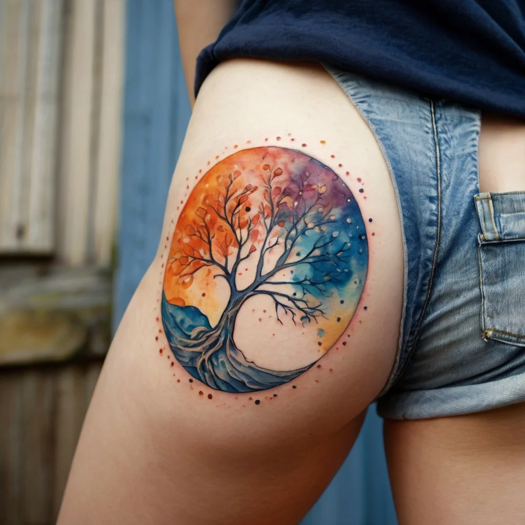 Watercolor tattoo of a tree with bare branches in a circular design, blending warm and cool hues representing sunset and dusk.