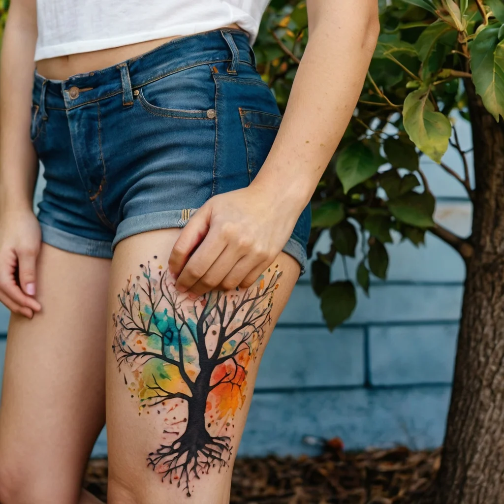 Thigh tattoo of a tree with vibrant watercolor splashes in blue, yellow, and orange, symbolizing life and growth.