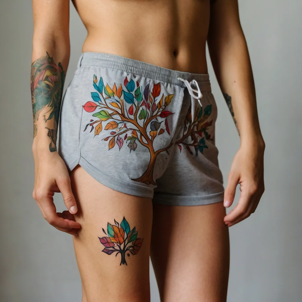 Colorful tree tattoo on thigh, featuring vibrant leaves in shades of orange, blue, and green, symbolizing growth and vitality.