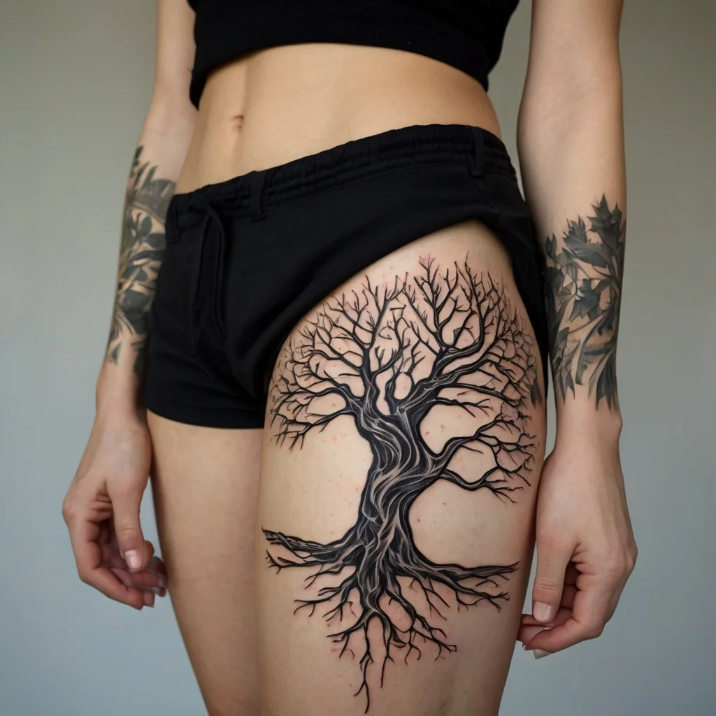 Detailed black ink tattoo of a leafless tree with sprawling branches and roots on the thigh, symbolizing strength and growth.