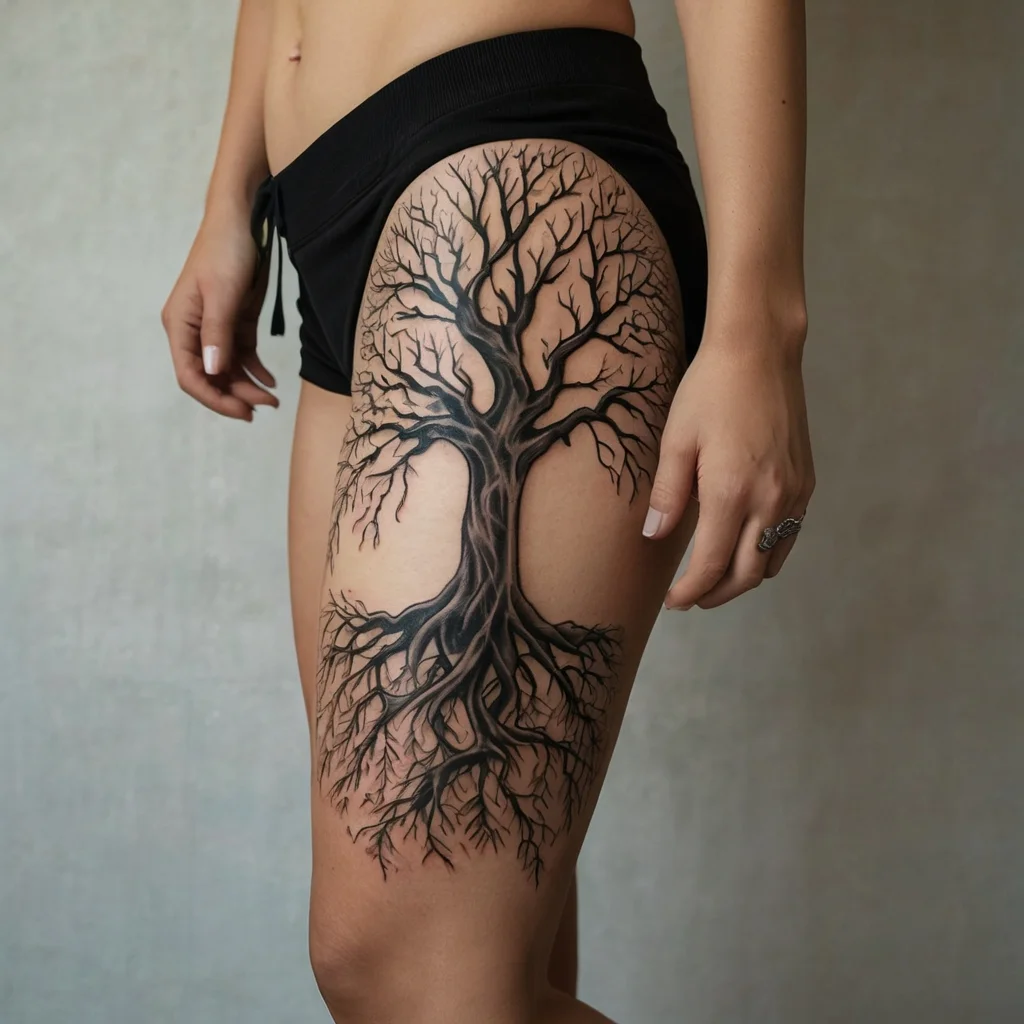 Intricate tree tattoo on thigh, with detailed branches and roots symbolizing growth and grounding in black ink.