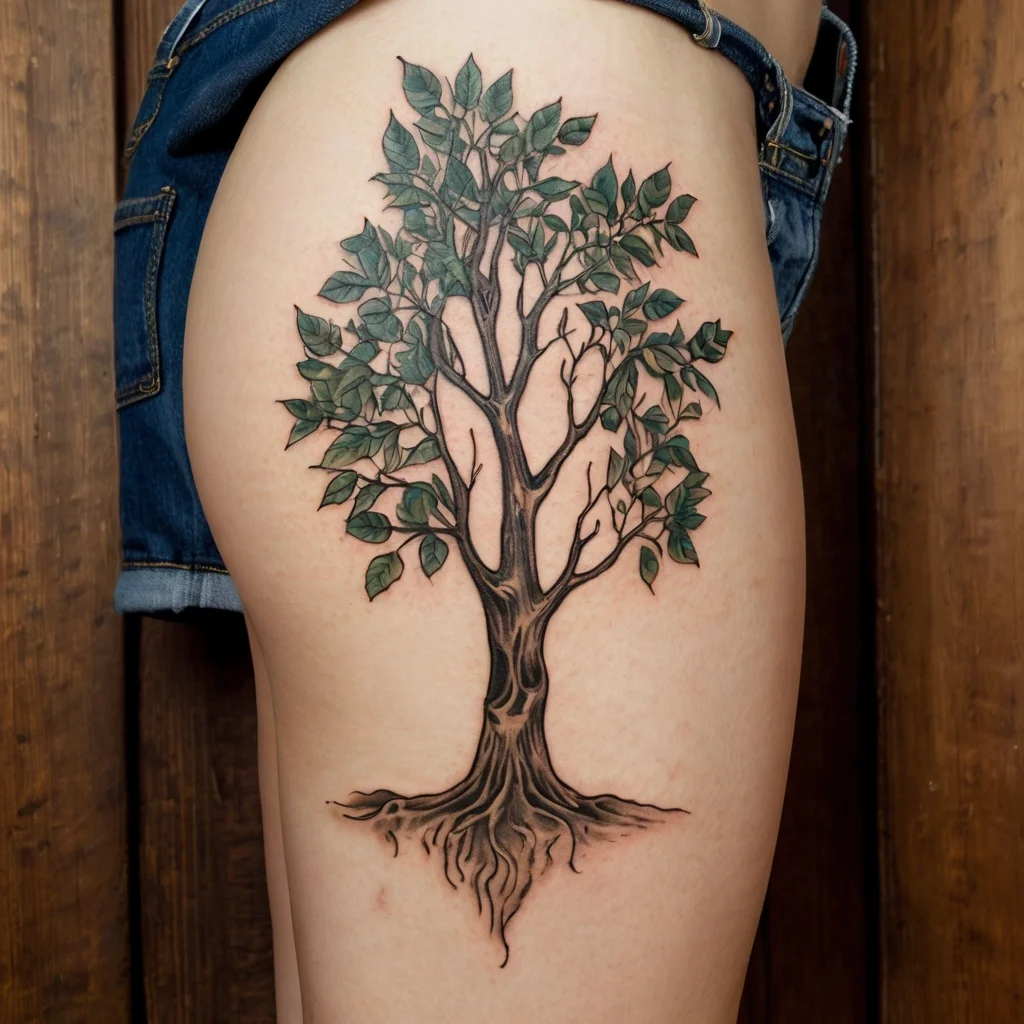 Tattoo of a detailed tree with a sturdy trunk, vibrant green leaves, and intricate roots on the upper thigh.