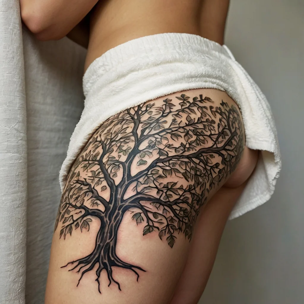 Ornate tree tattoo on the hip, with intricate branches and leaves, symbolizing growth and connection to nature.