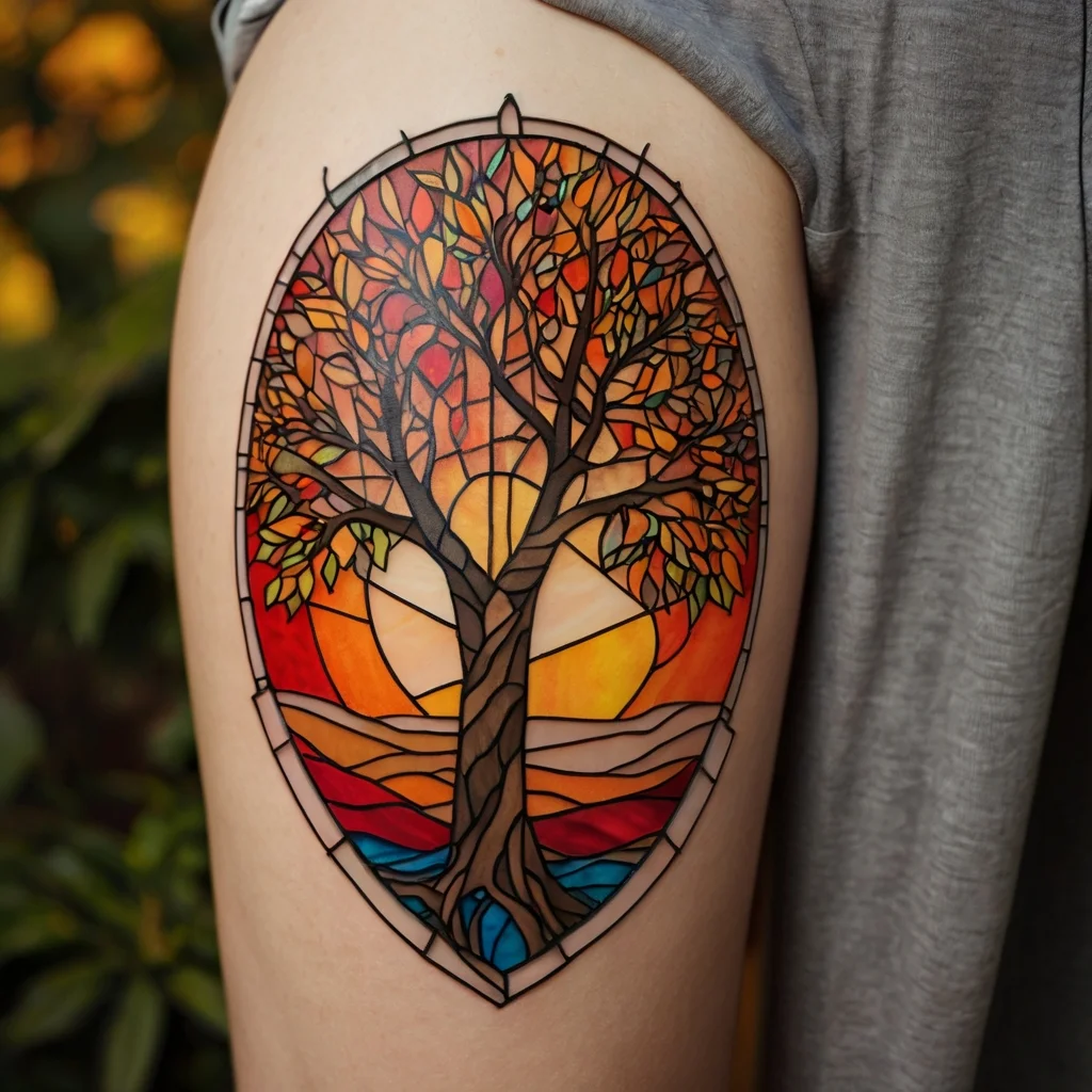 Stained glass-style tattoo of a tree with autumn leaves, set against a vibrant sunset and flowing water design.